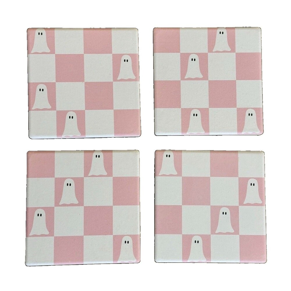 Prima Design 4 Ghost Coasters Halloween 4x4 Ceramic & Cork Drink Pink White New